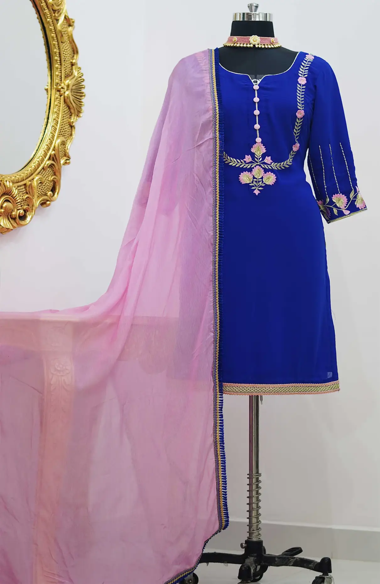 Pink Embroidery Royal Blue Suit With Pink Dupatta