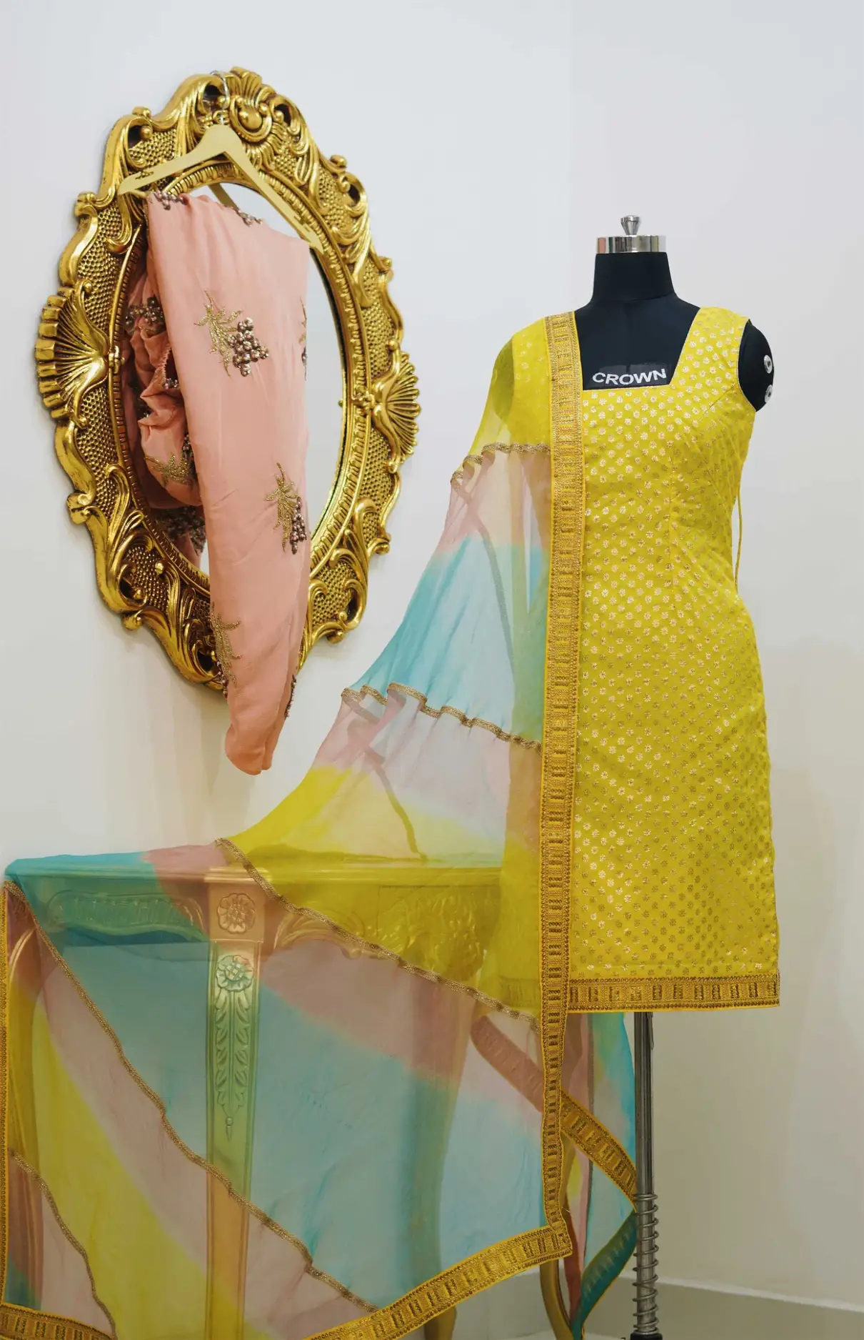 Yellow Banarasi Shirt With Handwork Salwar And Multicolor Dupatta