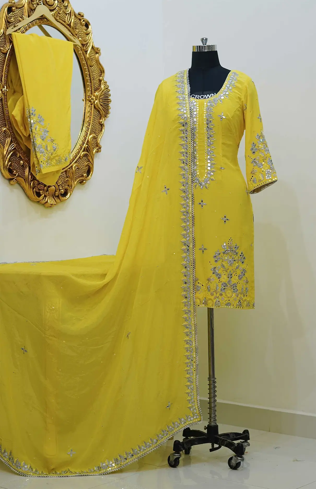 Crepe Yellow Suit With Mirror Work Shirt And Dupatta