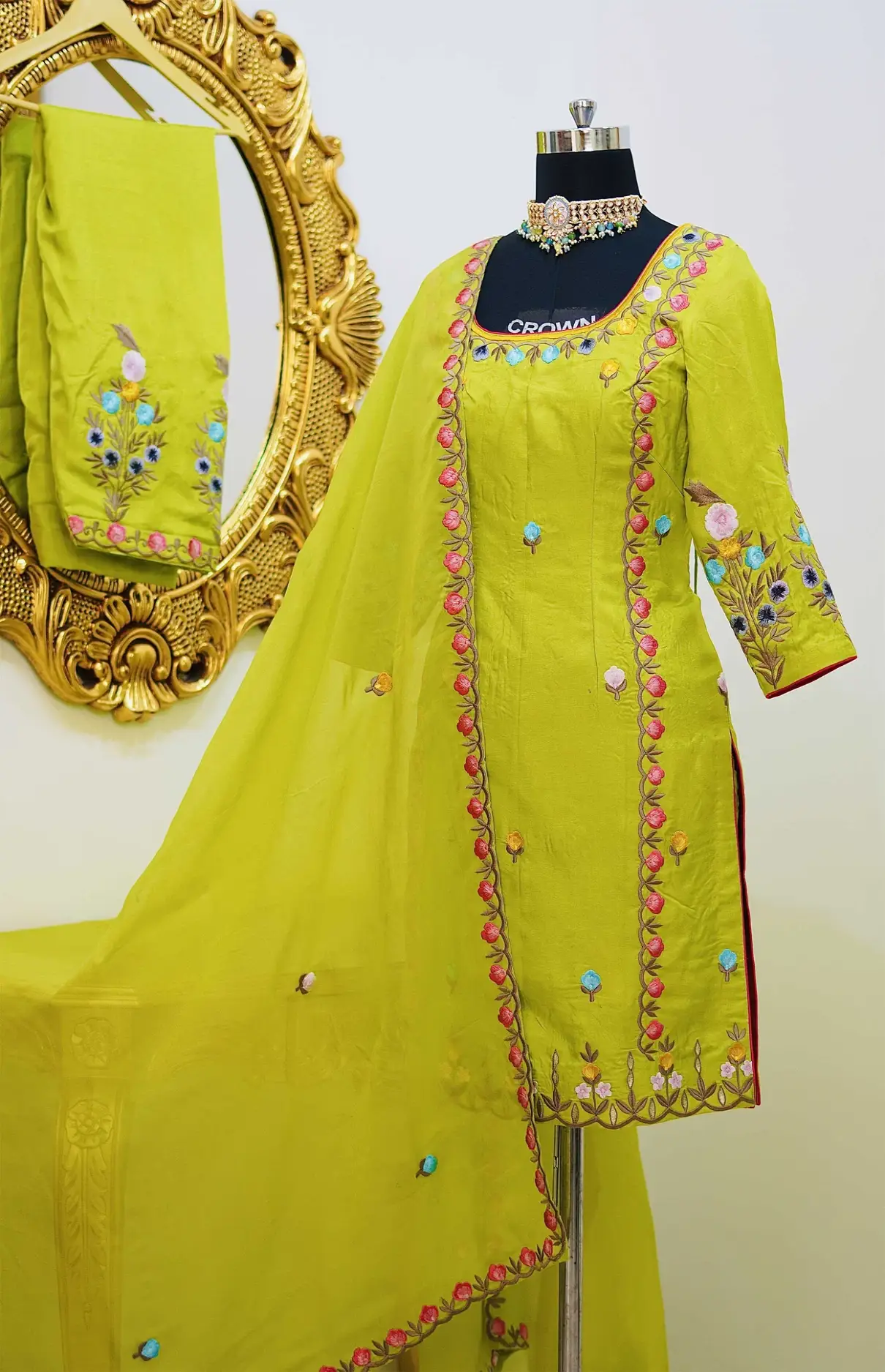 Neon Green Punjabi Suit With Embroidered Dupatta