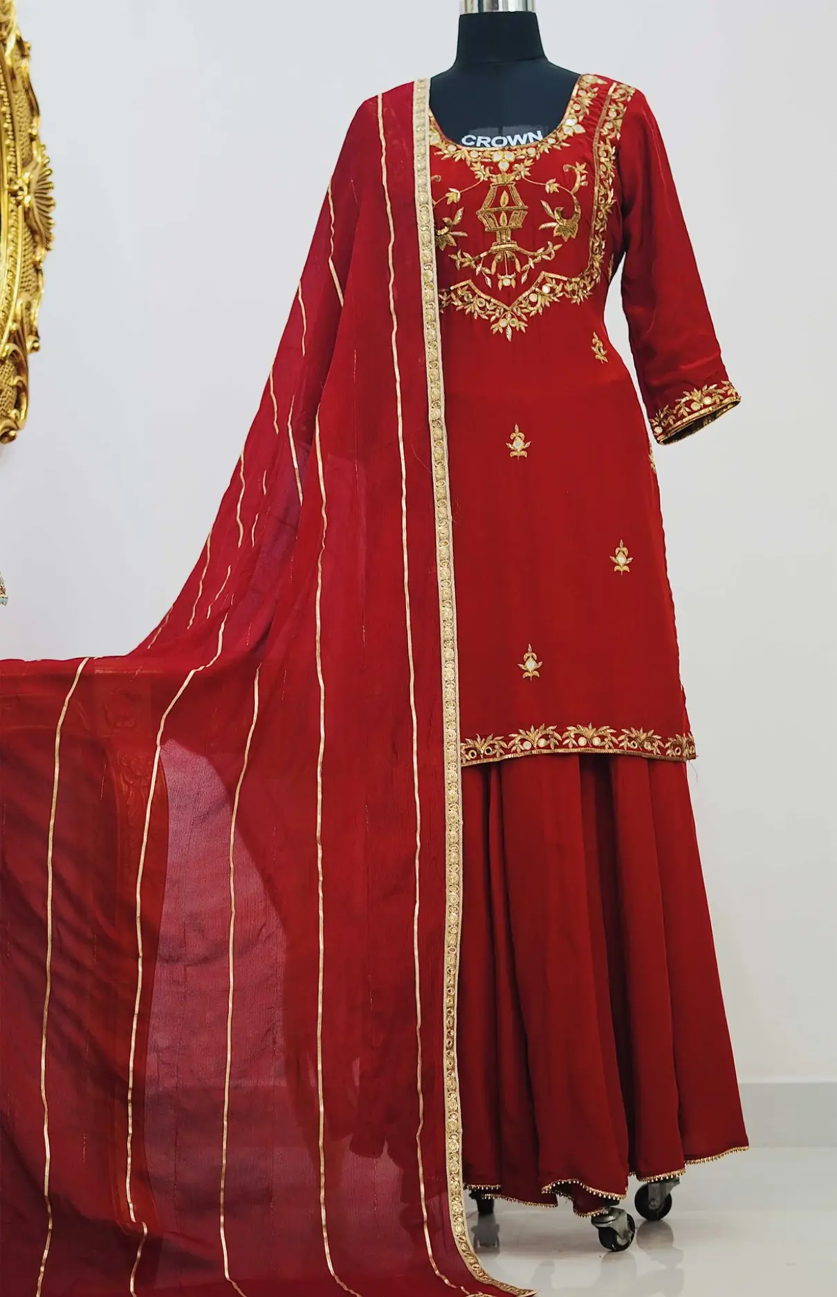 Maroon Sharara With Long Shirt And Lace Dupatta