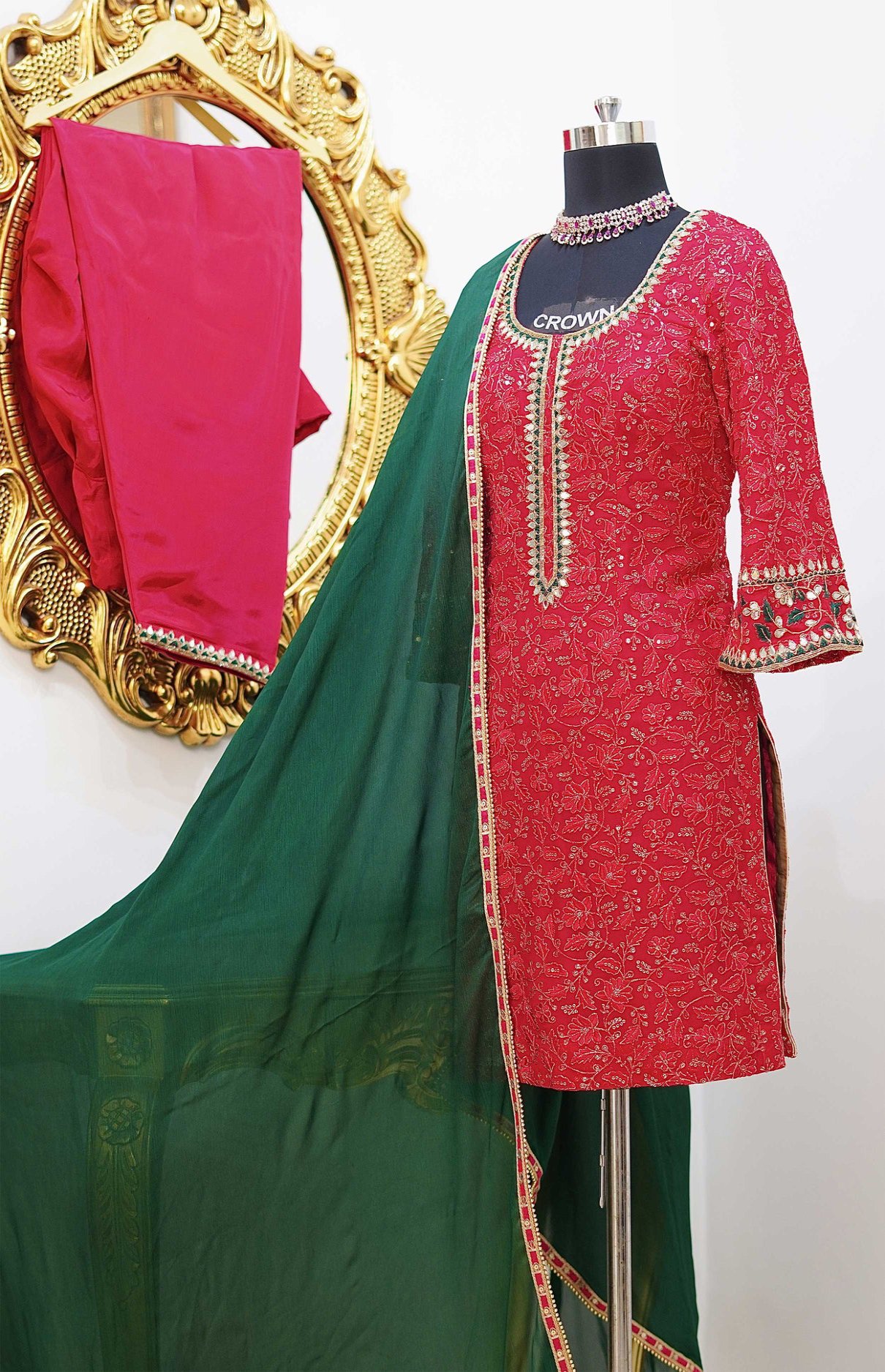 Magenta & Green Lucknowi Crepe Punjabi Suit With Dupatta