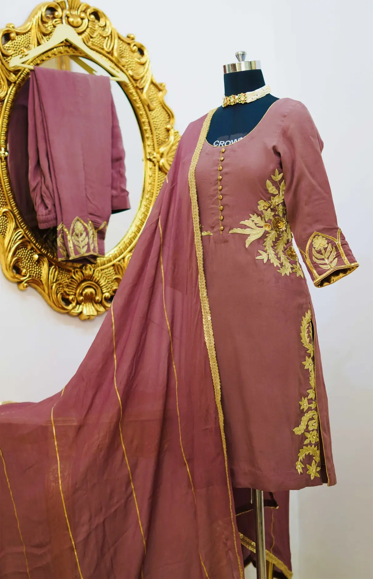 Golden Aari Work Punjabi Suit With Lace Dupatta