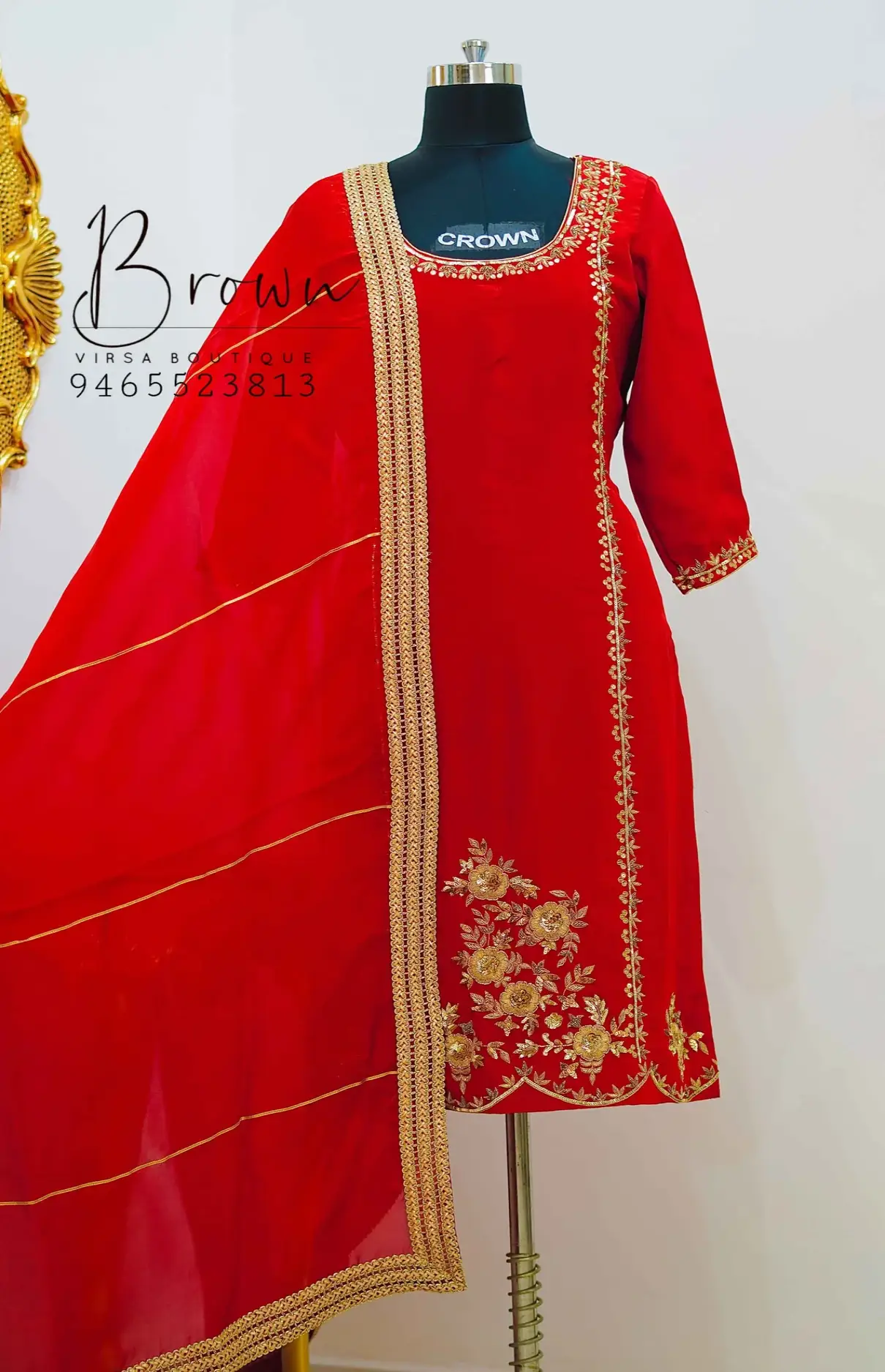 Crepe Red Hand Embroidery Salwar Suit With Dupatta