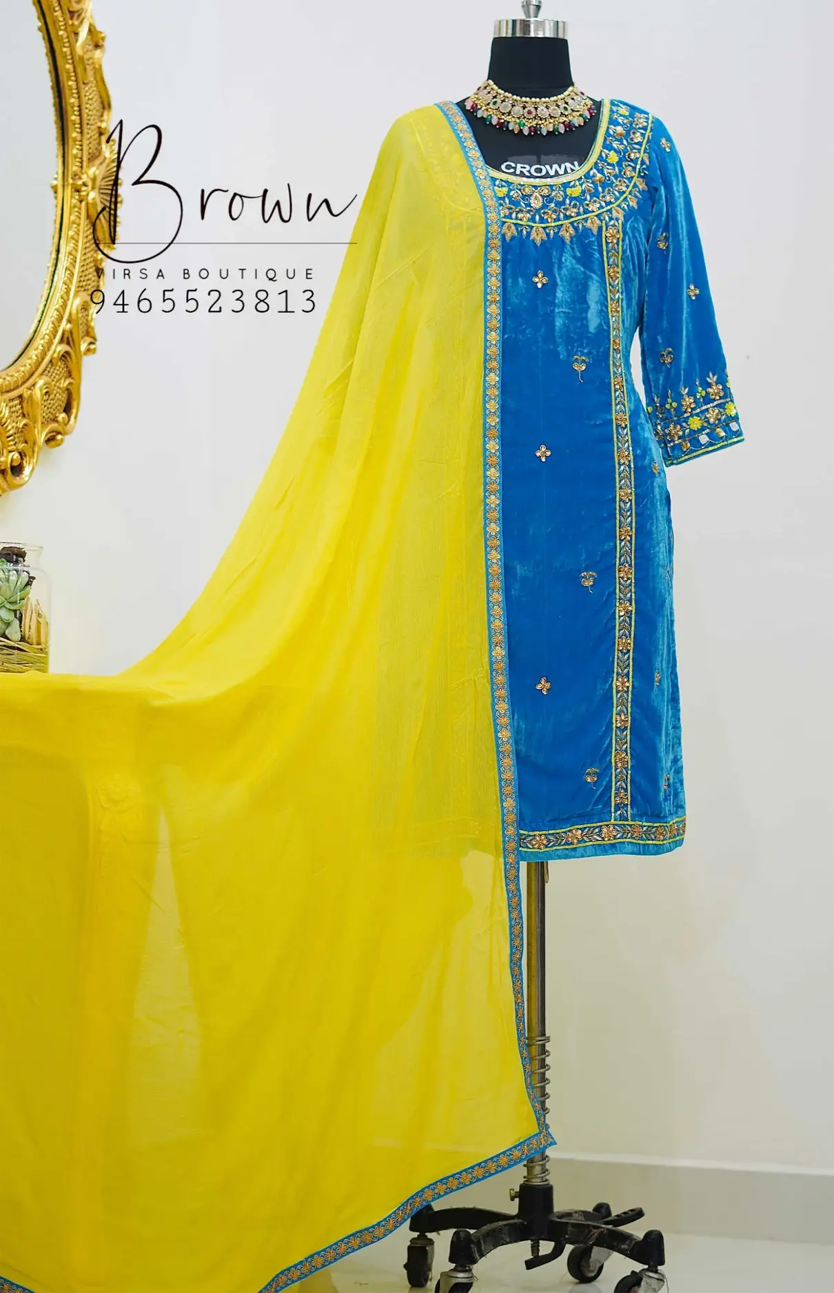 Teal Velvet Suit With Hand Embroidery And Yellow Dupatta