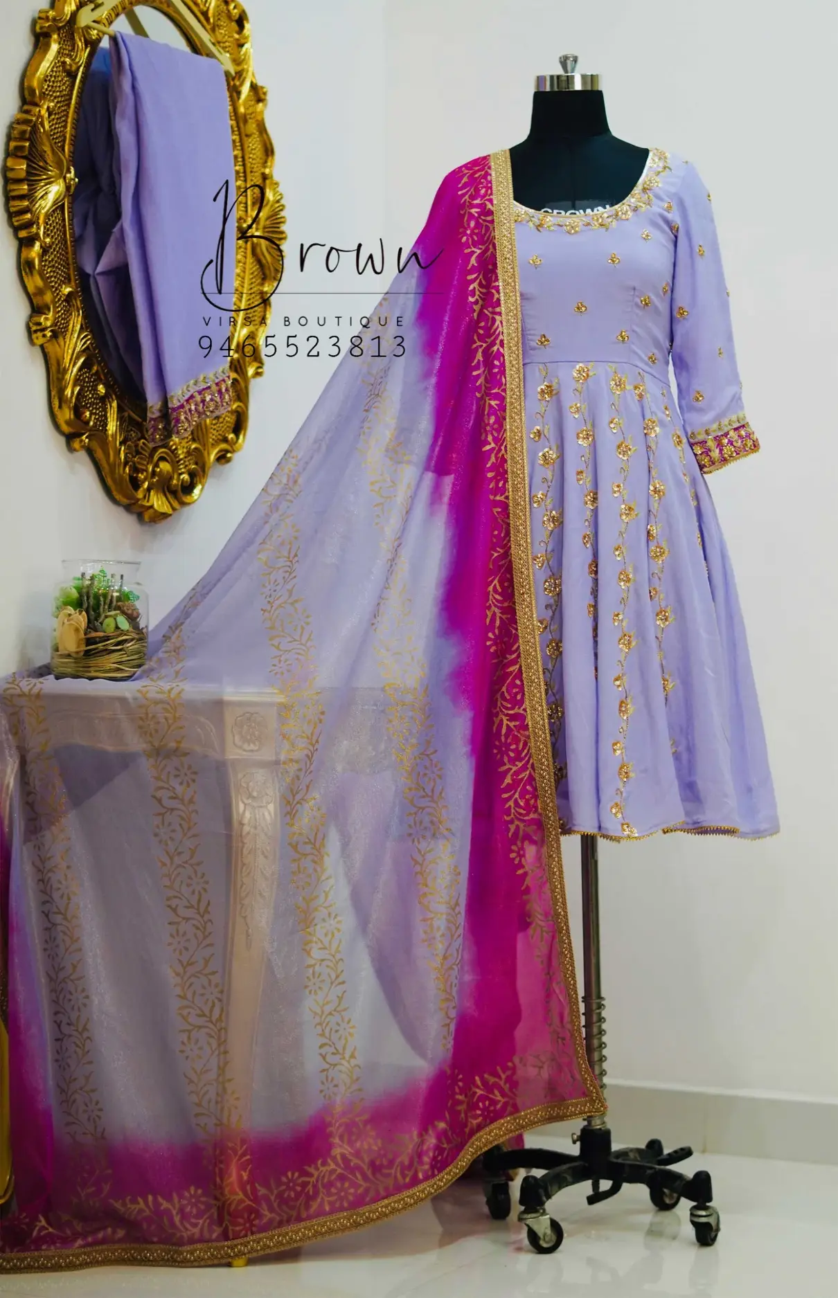 Lavender Crepe Anarkali With Salwar And Block Print Dupatta