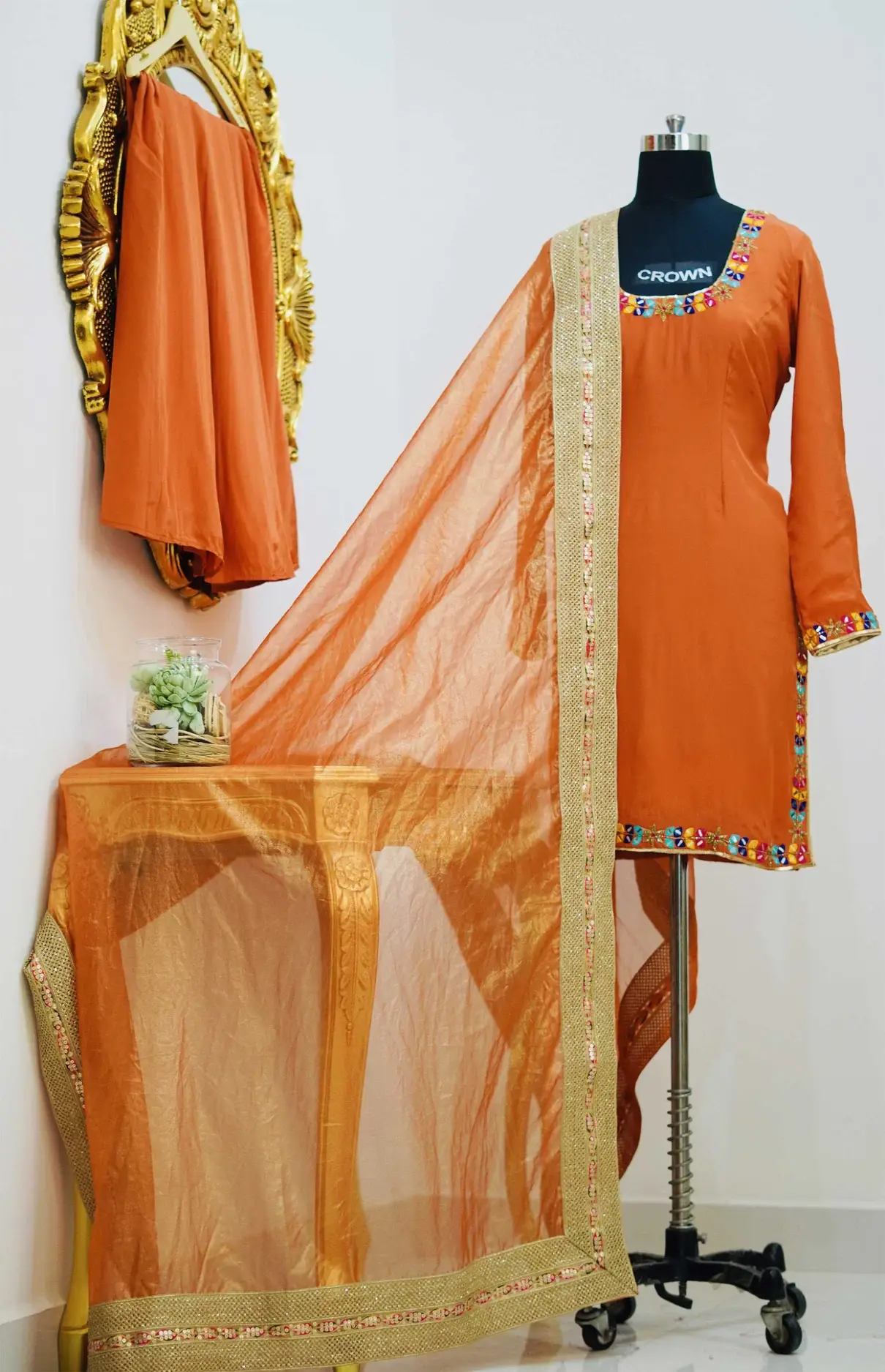 Mirror Work Orange Sharara Suit With Organza Dupatta