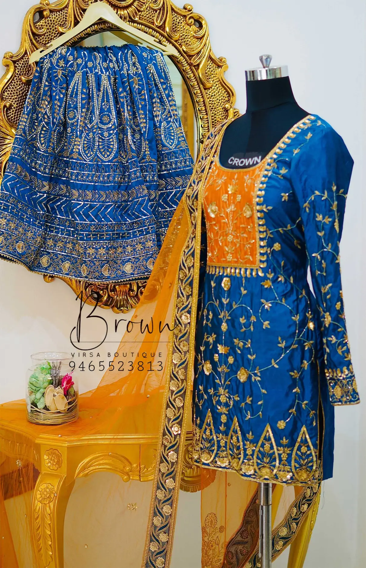 Orange-Blue Pure Silk Garara Suit With Net Dupatta