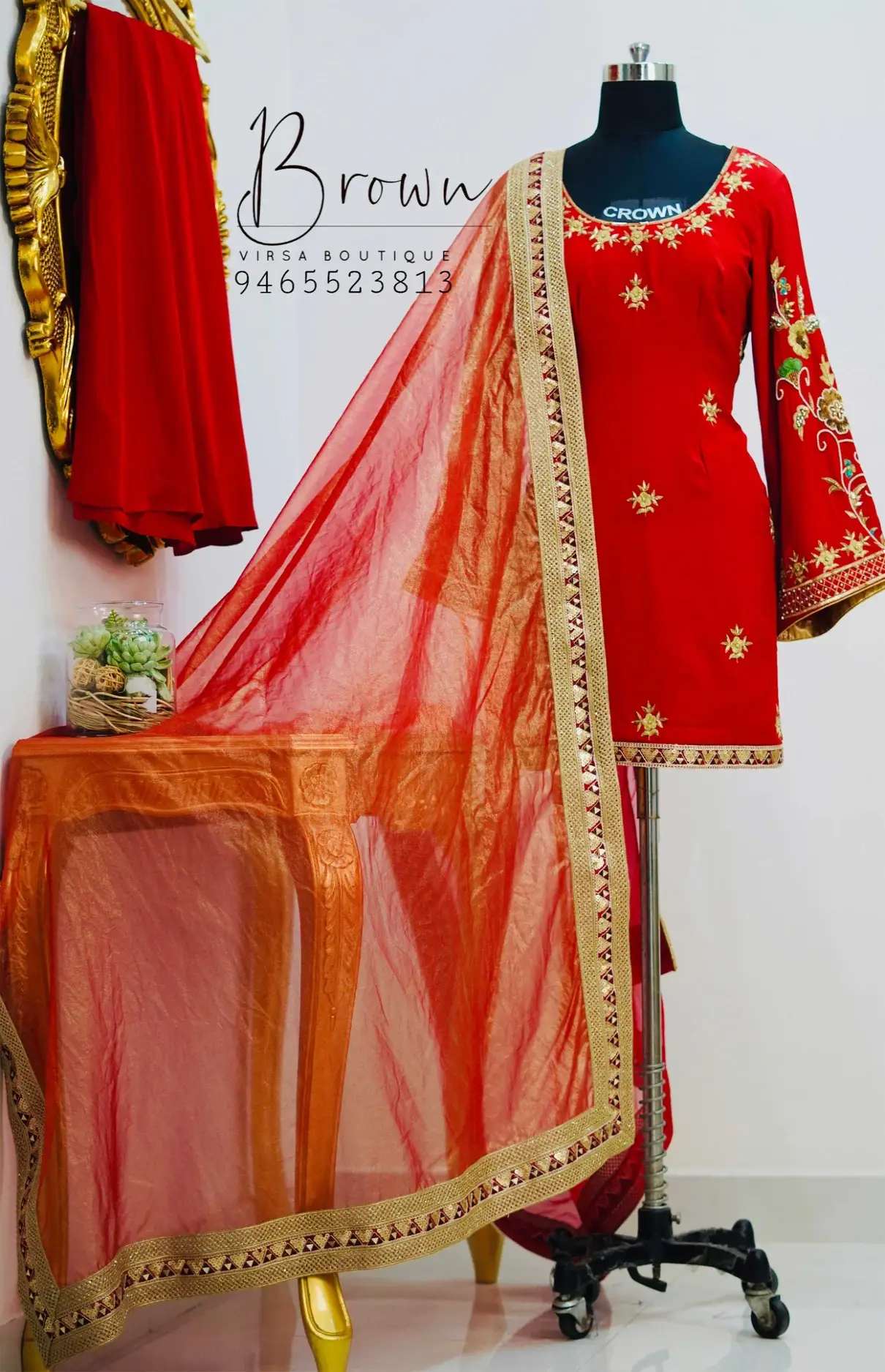 Rust Crepe Sharara Suit With Bell Sleeves And Dupatta