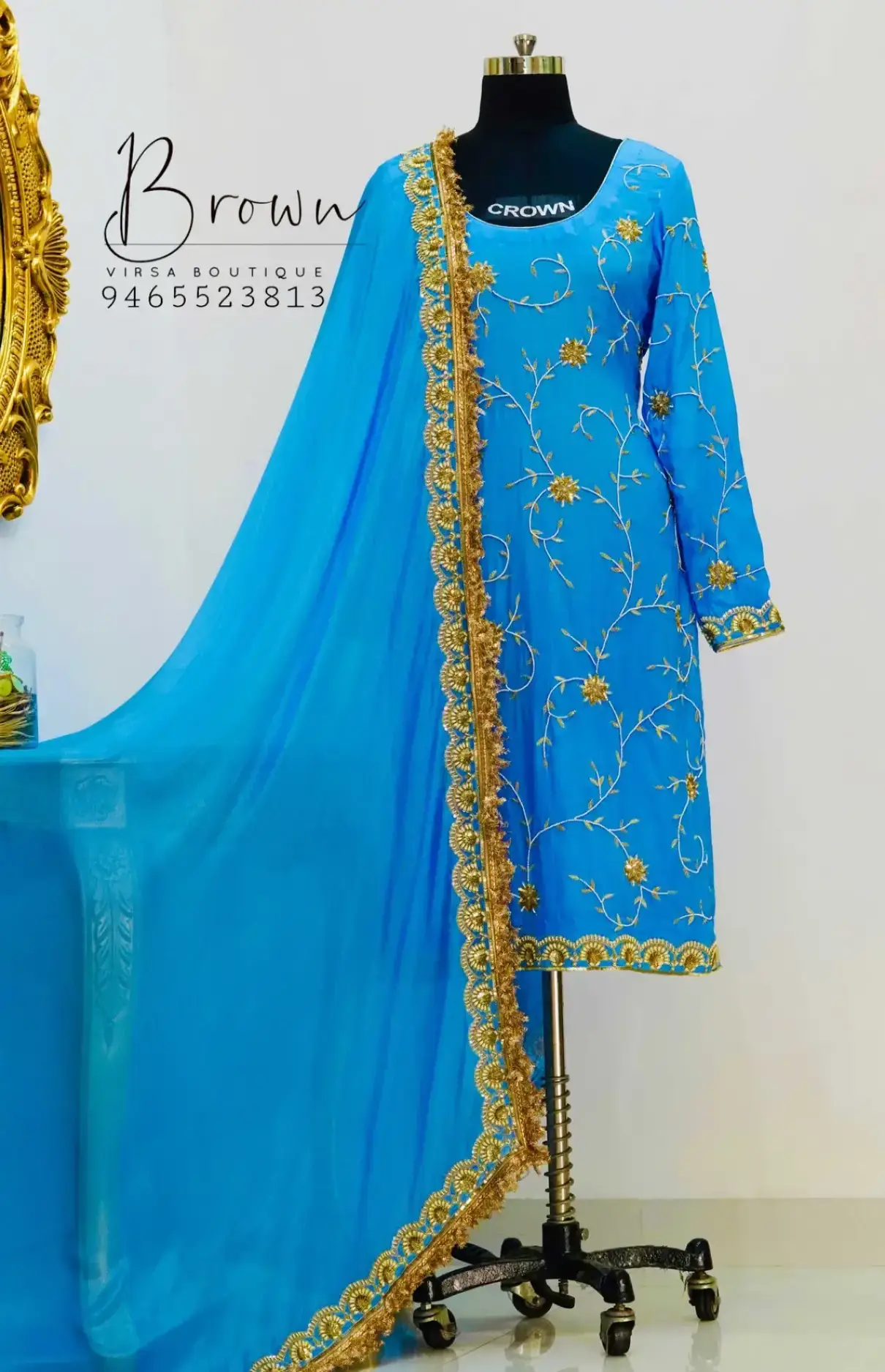 Powder Blue Jaal Work Suit With Heavy Border Dupatta