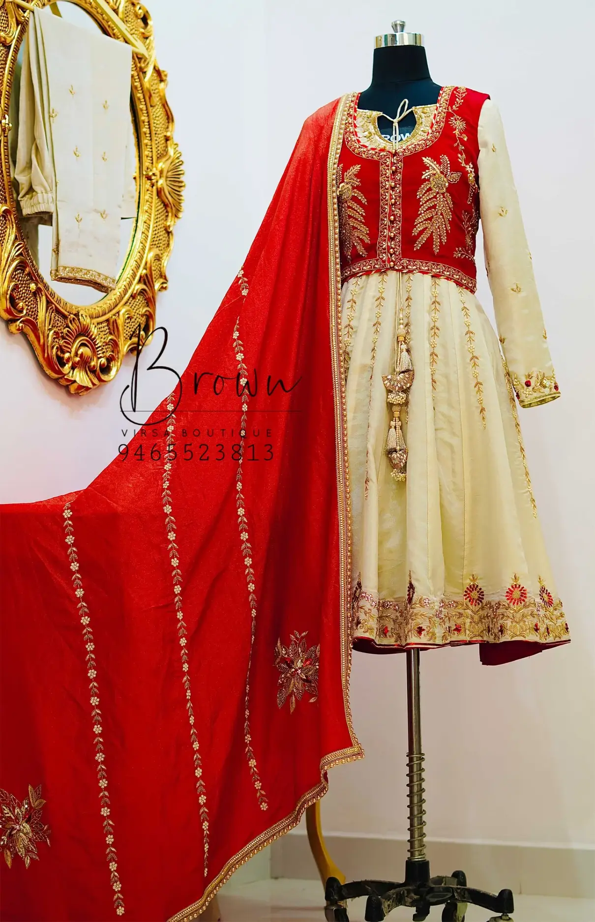 Golden Tissue Anarkali With Red Jacket And Dupatta