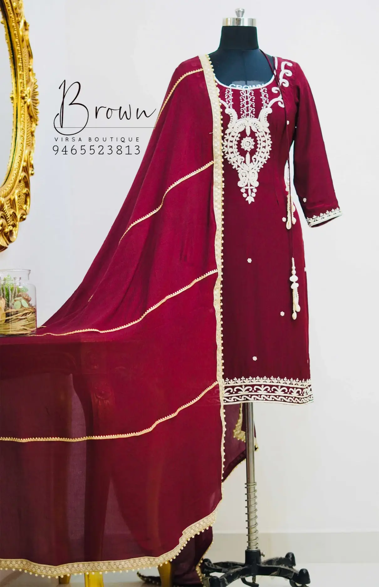 Maroon Suit With White Pearl Work And Chinnon Dupatta