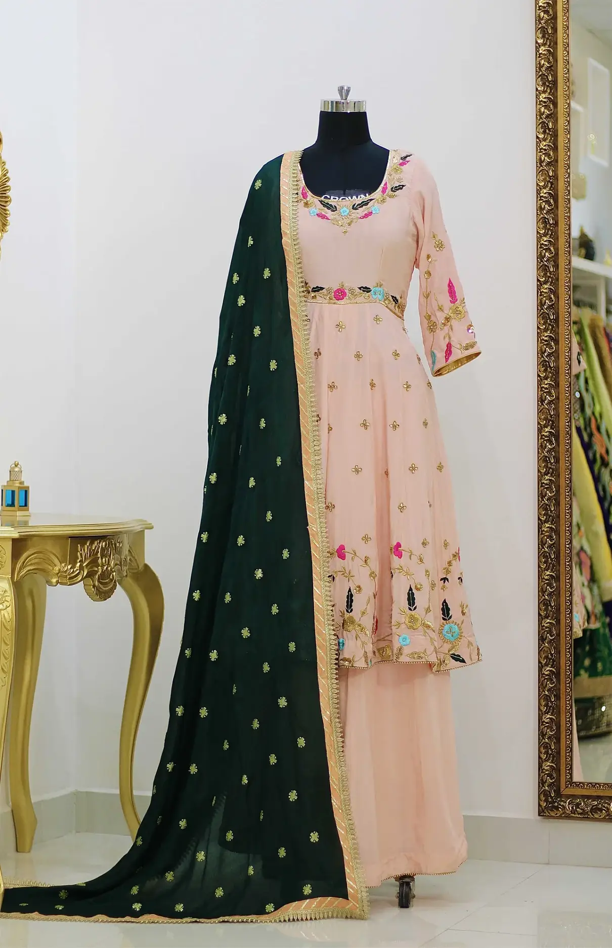 Kundan Work Peach Anarkali With Garara And Dupatta