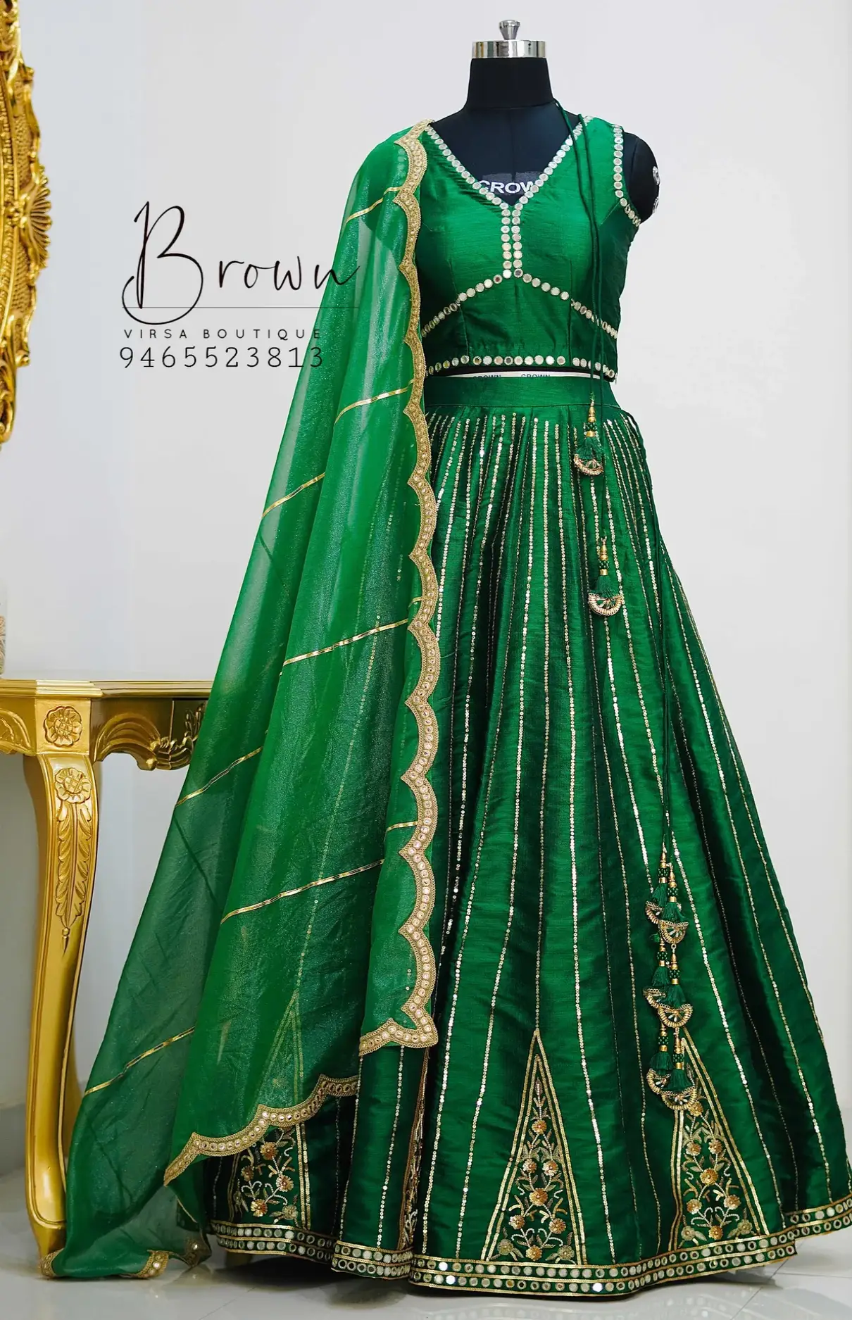 Raw Silk Green Mirror Work Lehenga With Tissue Dupatta