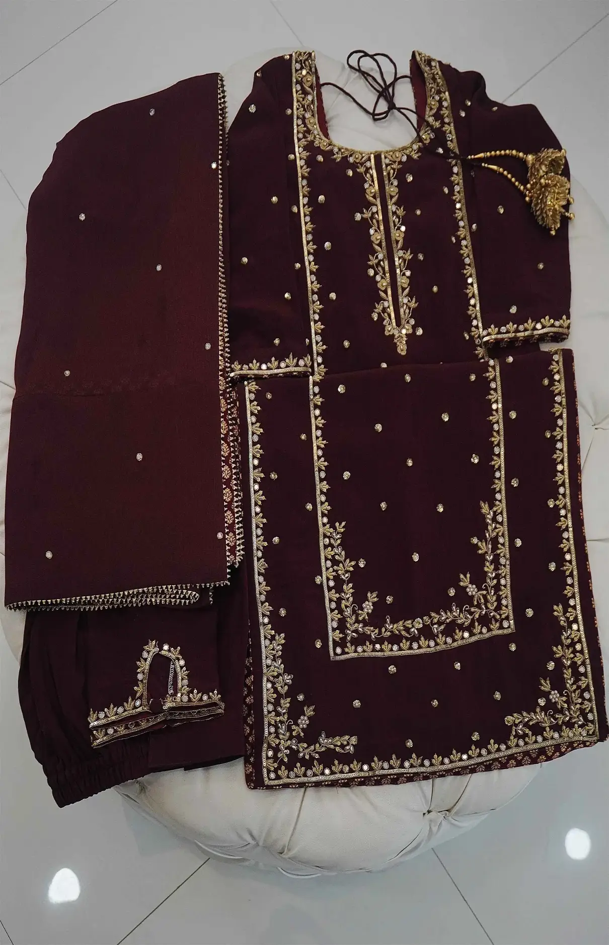 Maroon Crepe Mirror Dabka Handwork Suit With Dupatta